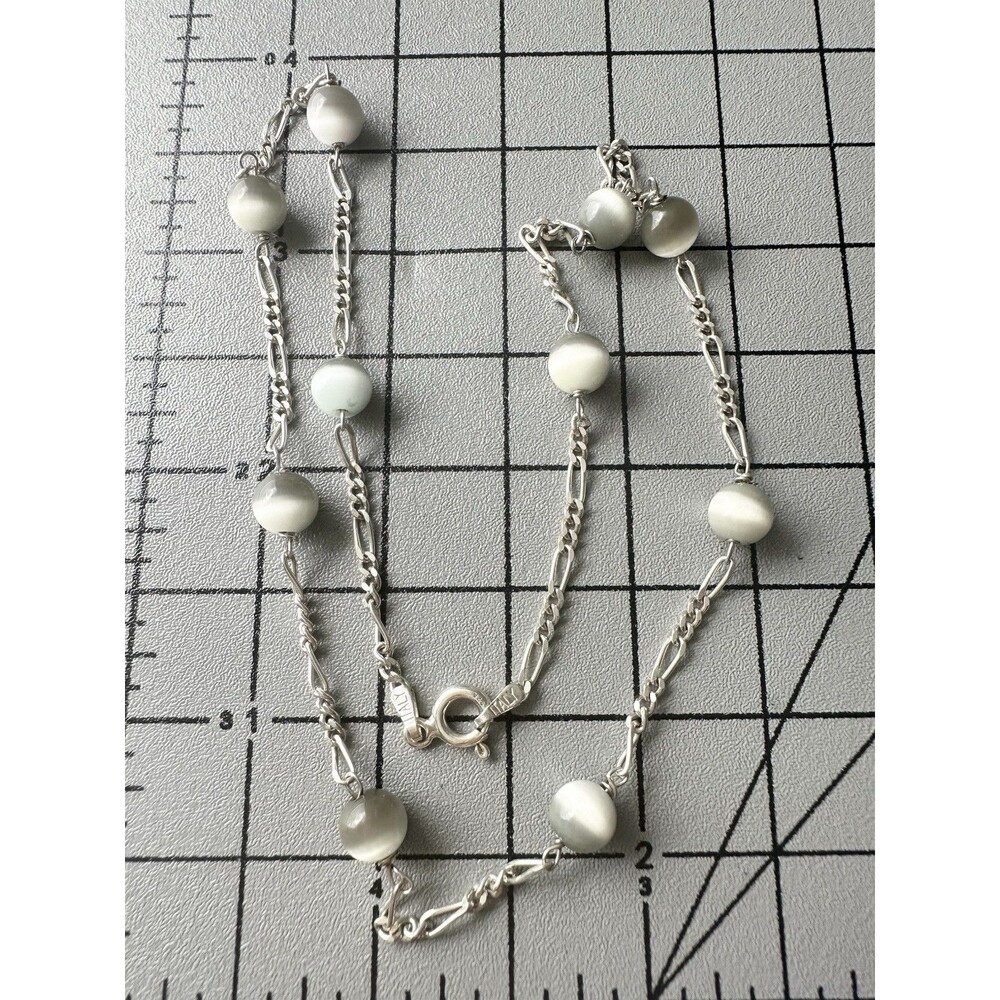 925 Sterling Silver Cat Eye Glass Bead Necklace 15”